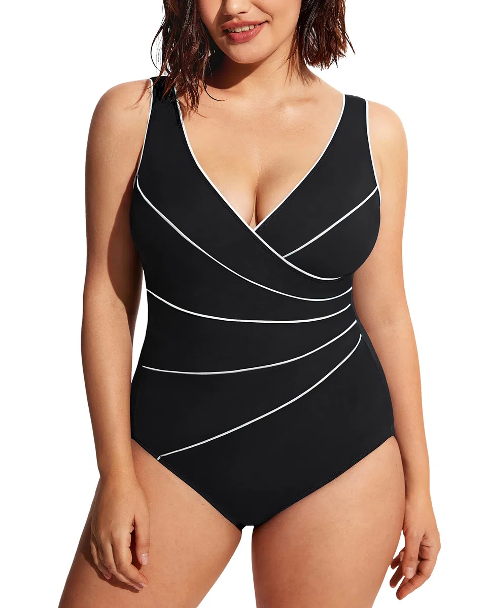 DELIMIRA Maillot de Bain Une pièce rembourré pour Femme - Grandes Tailles - Col en V