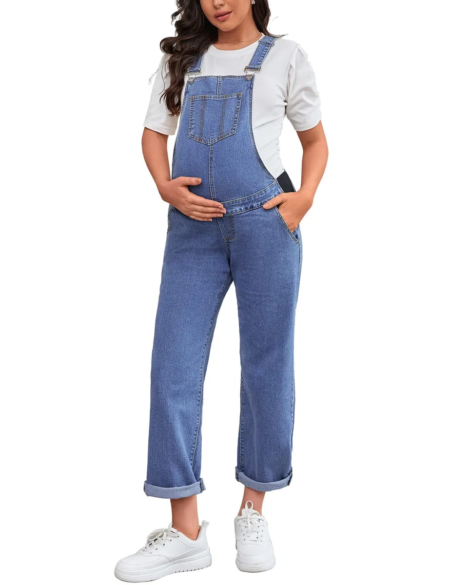 Salopette de maternité à bretelles droites longueur cheville en jean pour femme enceinte