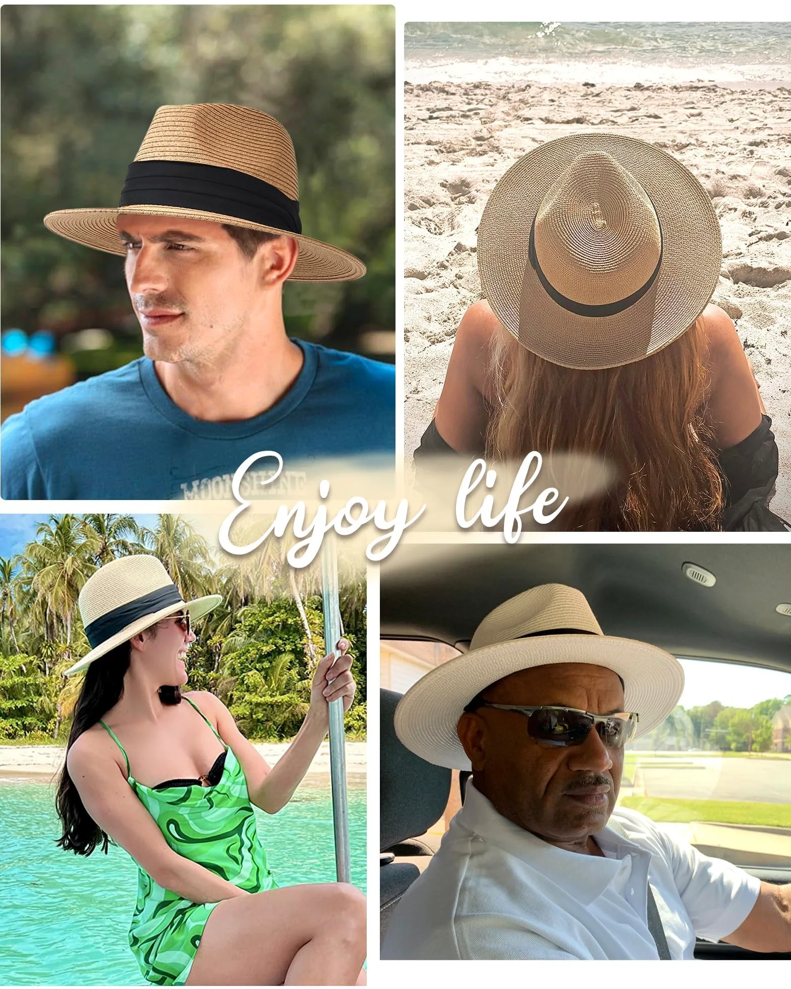 FURTALK Panama Unisexe Chapeau de Paille à Larges Bords Chapeau de Soleil pour Hommes et Femmes Chapeau de Paille Ajustable