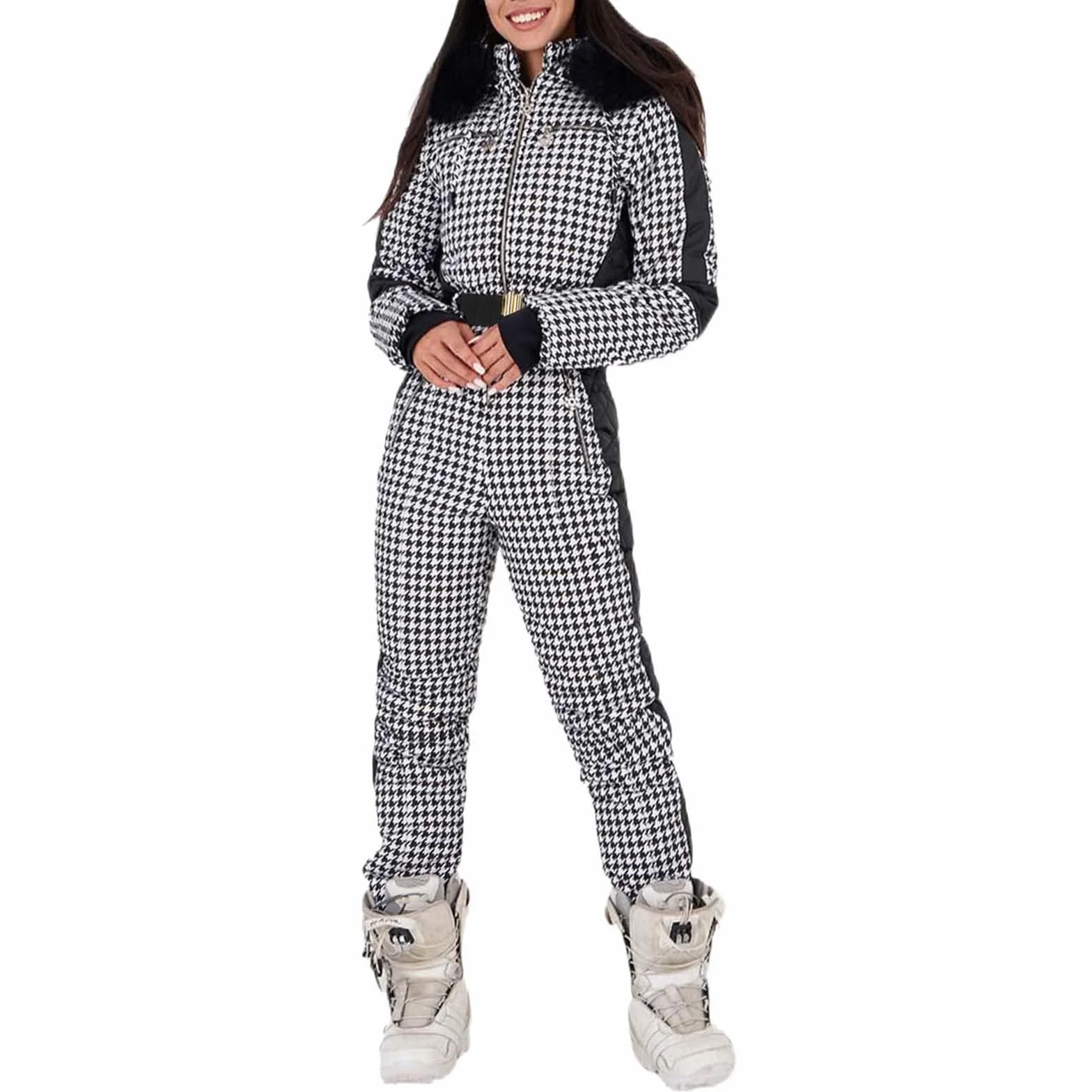 IQYU Combinaison de neige pour femme - Combinaison de ski / snowboard avec capuche en fourrure et gants intégrés, imperméable - Combinaison de ski 2022 Nouveauté Mode en une pièce - Vêtement de ski