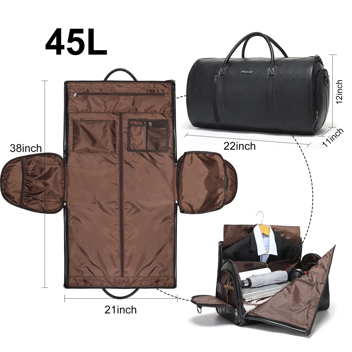Modoker Sac à vêtements en cuir convertible, sacs à vêtements pour voyage, sac de voyage, Noir