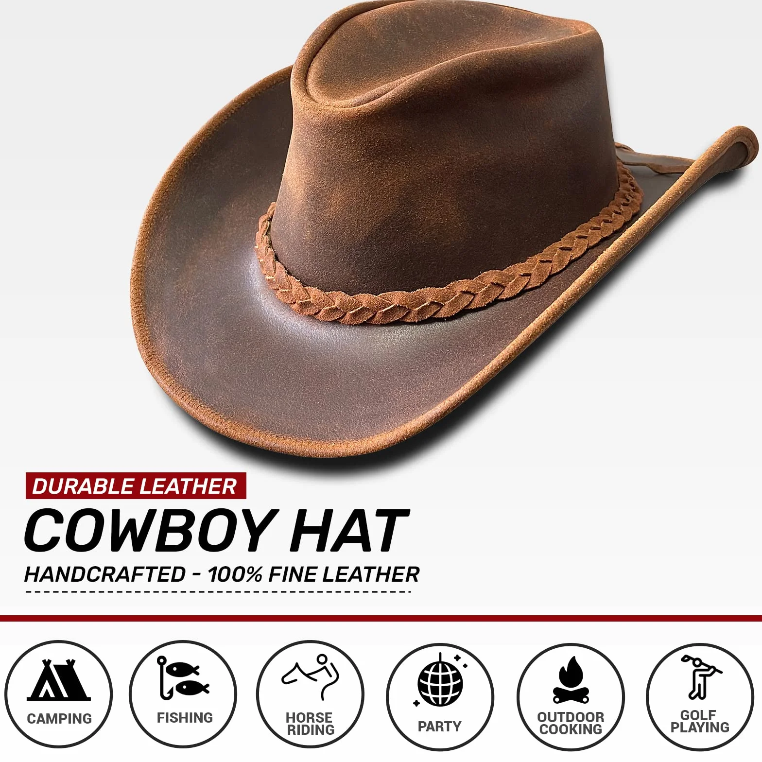 BRANDSLOCK Chapeau de Cowboy en Cuir pour Homme et Femme fabriqué à la Main à Large Bord Durable Marron
