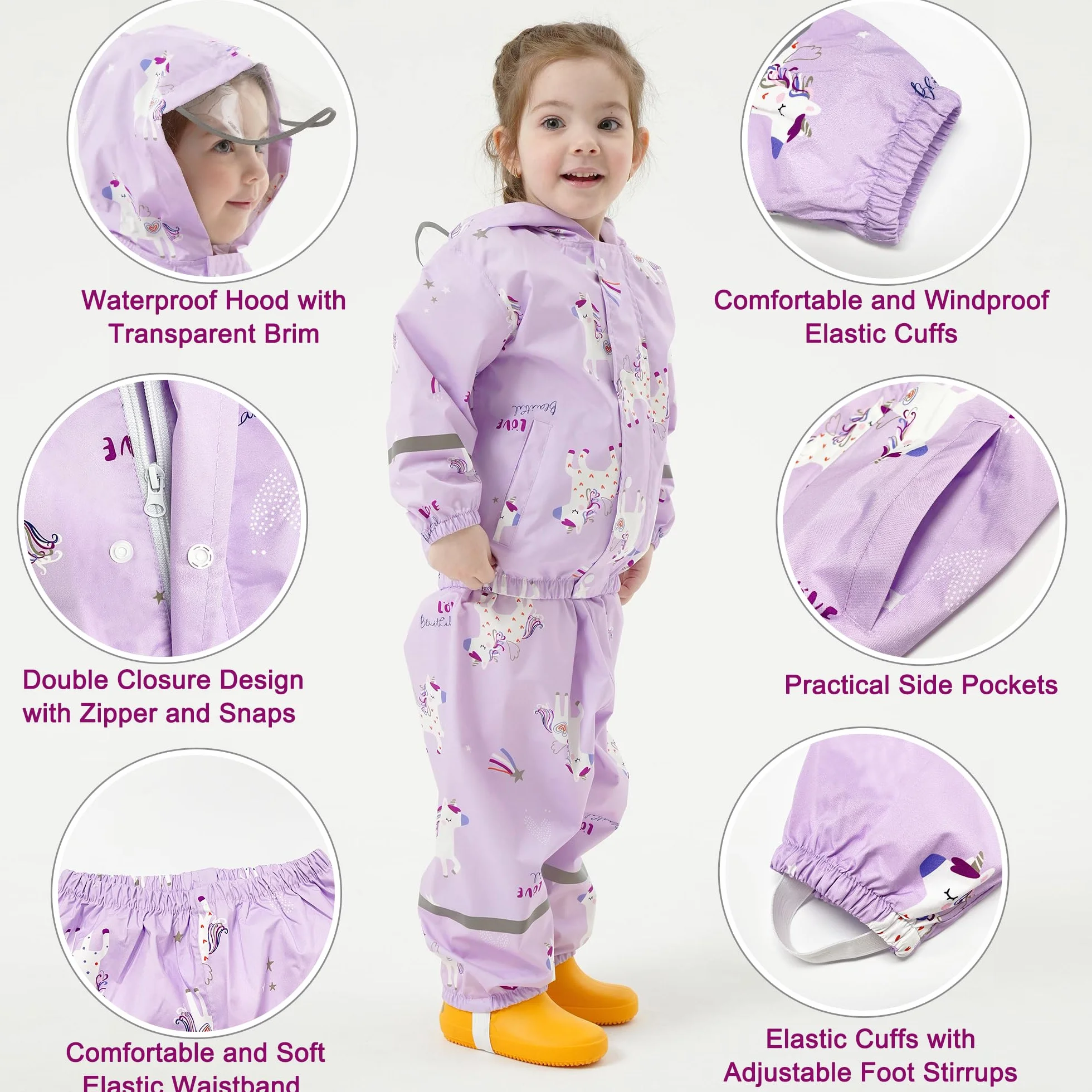 Combinaison Imperméables Enfant, Veste de Pluie + Pantalon Imperméable 2 pièces Ensembles, Filles Manteaux Imperméables Pantalon de Pluie Réutilisables Vêtements de Pluie
