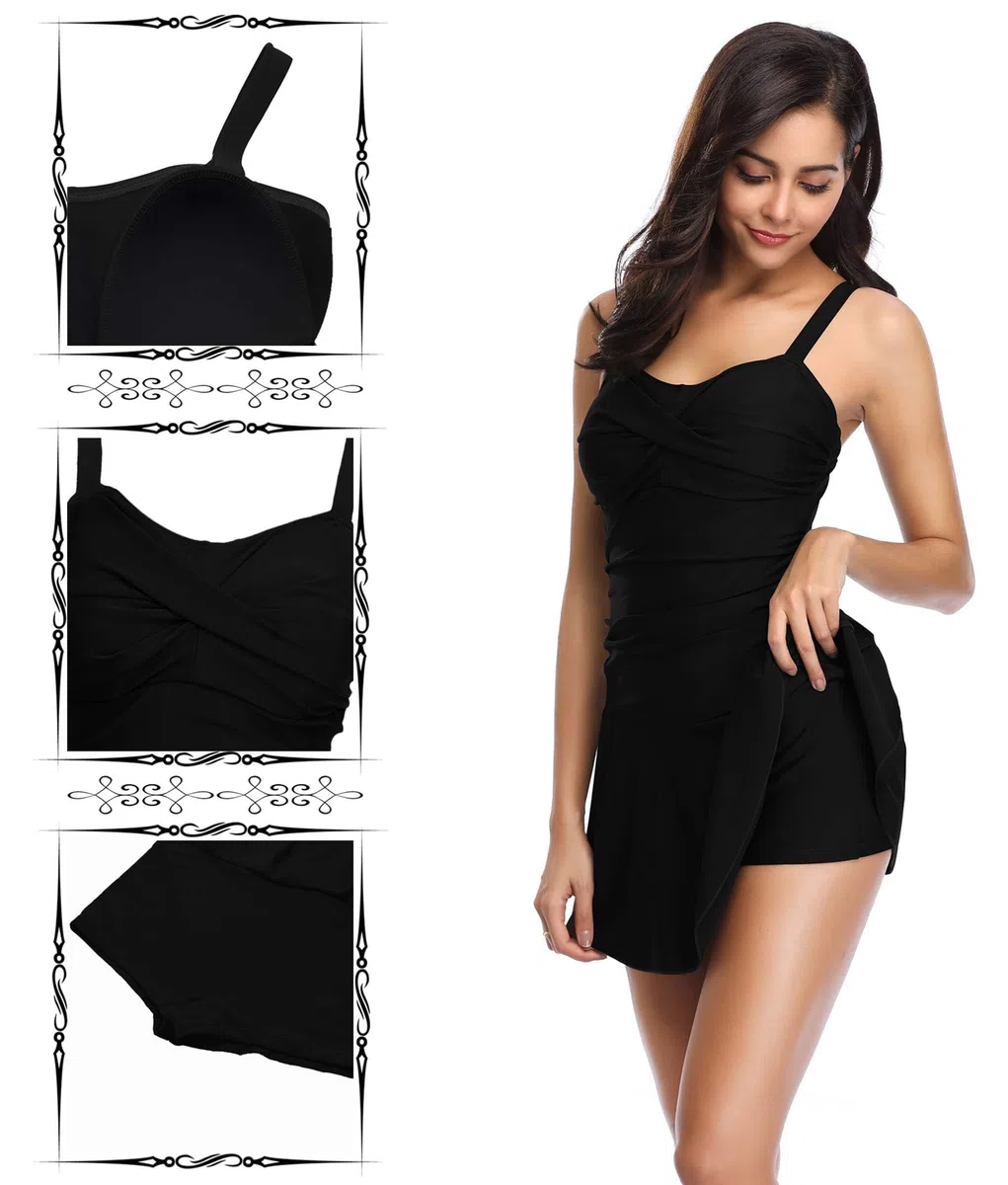 SHEKINI Femme Maillot de Bain Une Pièce Jupette Elégant Ruched Bandeau Robe de Plage Abdominal Contrôle Amincissante Sport Réglable Jupette Bikini de Plage
