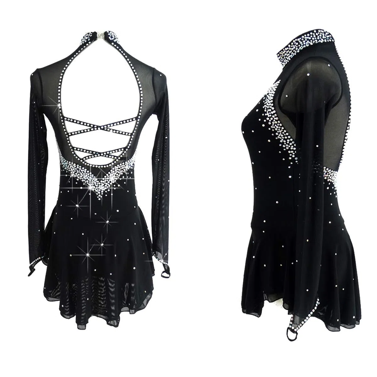 LIUHUO Blue Ice Robe de Patinage Artistique pour Filles et Femmes Dos Nu à Manches Longues et Perles