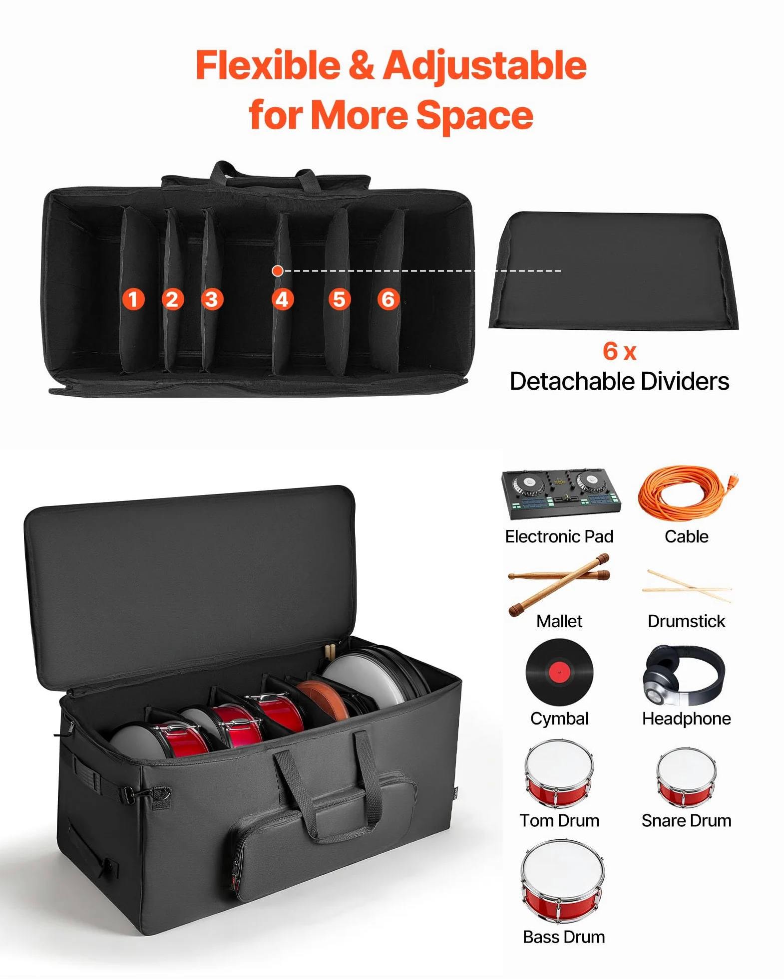 VEVOR Sac à Roulettes pour Batterie Électronique, 600D, Housse de Transport Rembourrée, Intérieur 92x42x41 cm, Séparateurs Amovibles, Noir