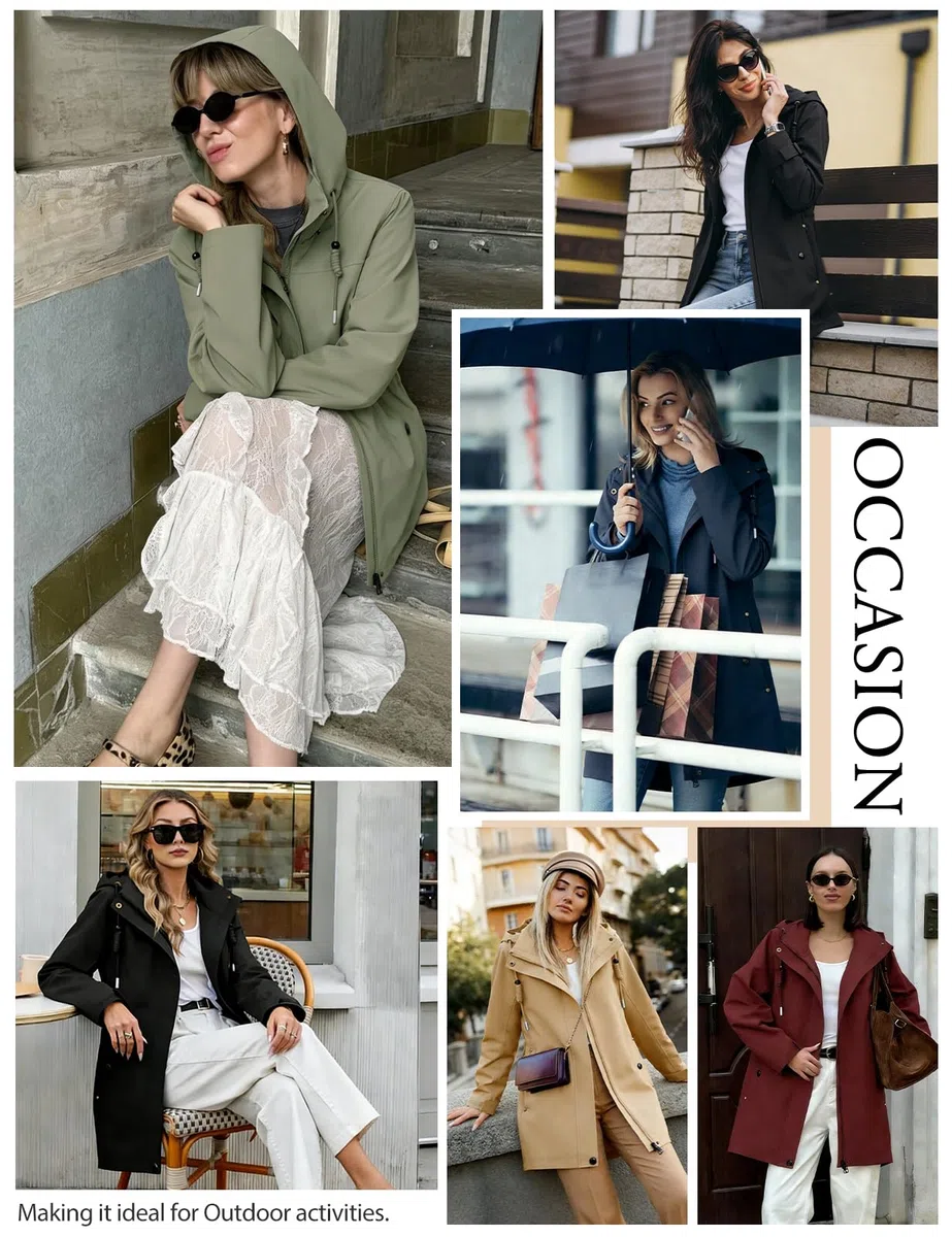 CMTOP Veste Femme mi Saison Softshell Imperméable, Coupe-Vent Parka à Capuche Amovible, Décontracté Longue Blouson Légère Manteau avec Poches pour Printemps et Automne