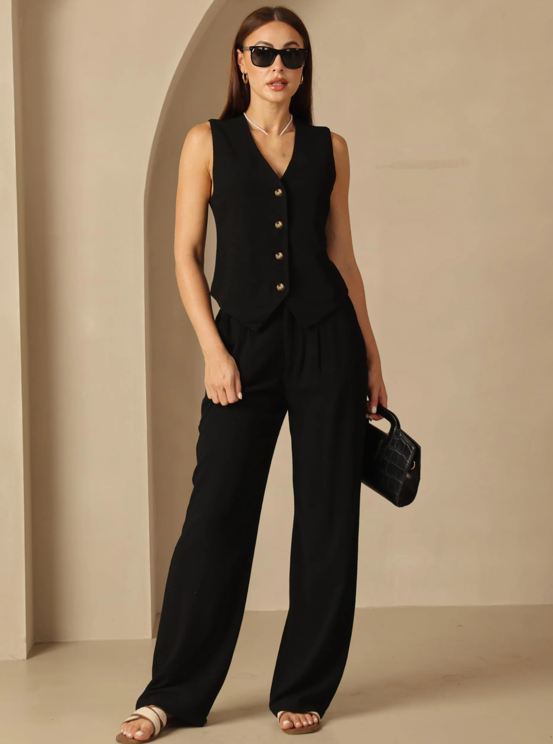 Fakanhui Ensemble 2 pièces en lin pour femme - Gilet d'été - Jambes larges - Pantalon d'affaires, loisirs, vacances, ensembles de travail