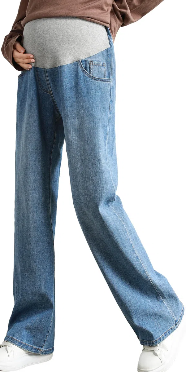 FEOYA Jean Grossesse Femme Pantalons Maternité Jeans Droite Stretch Pant Femmes Enceintes Taille Elastique Confortable Décontracté