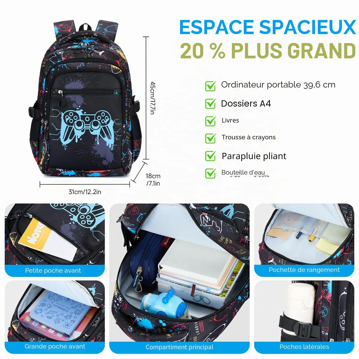 Amythe Cartable Garçon Primaire - Sac à Dos Garçon Collège Lumineux Nocturne avec Compartiment 15.6“ Pc, Ergonomique, Grand Sac D'école Loisirs Imperméable pour Ados 9-16 ans