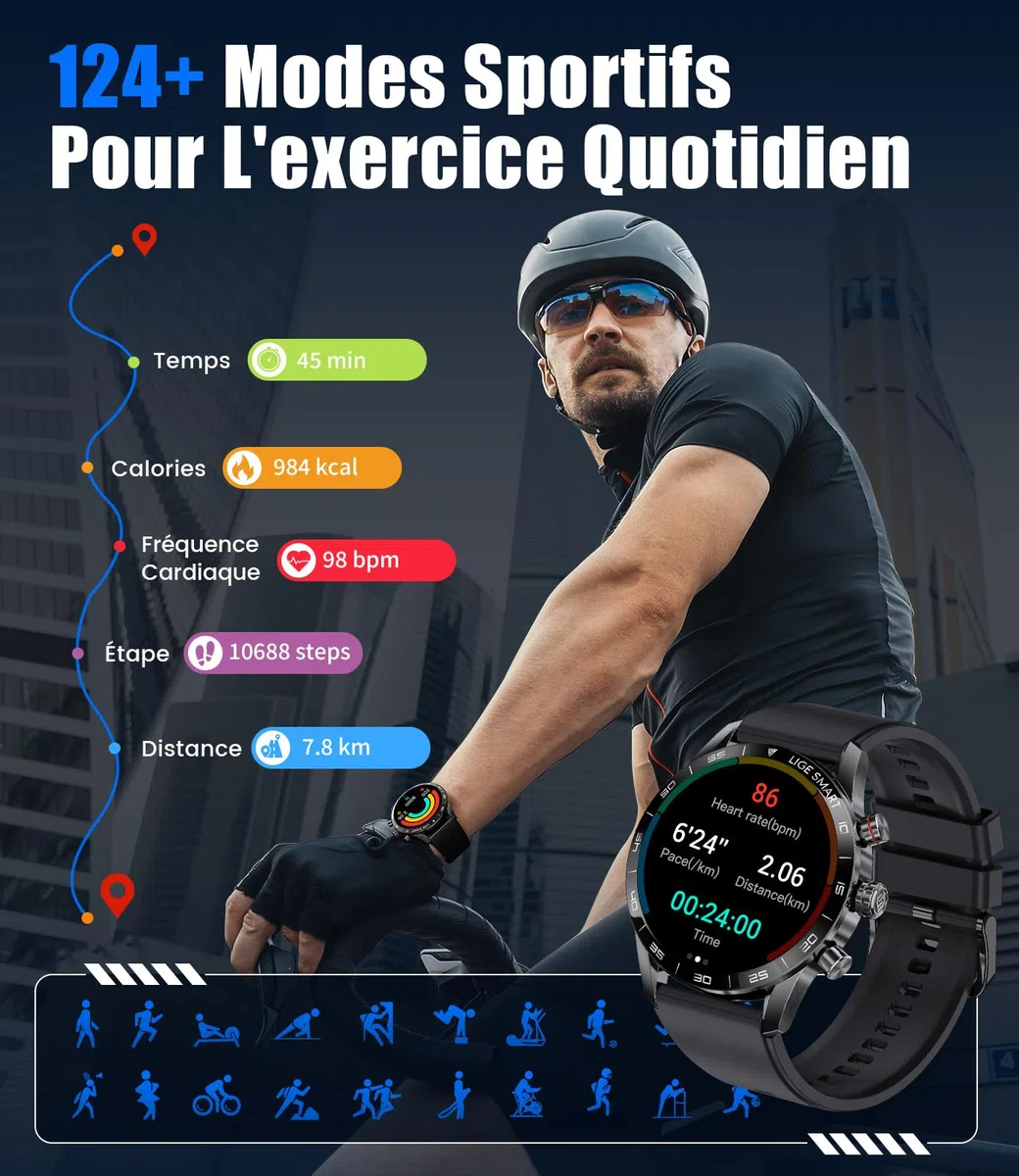 LIGE Montre Connectée Homme 1,43'' AMOLED, Appel Bluetooth, Assistant Vocal, 2 Bracelets, Autonomie 15 Jours, 124 Modes Sportifs Smartwatch iOS Android