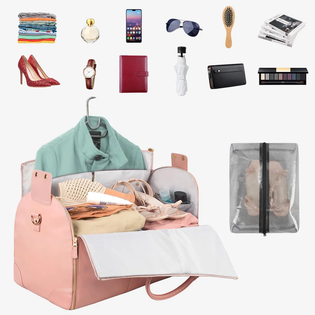 Sac de Voyage Convertible, 2 en 1 Housses Vêtements à Suspendre Sac de Voyage avec Compartiment à Chaussures pour Femme, Valise à Suspendre avec Bandoulière en Cuir PU, Rose