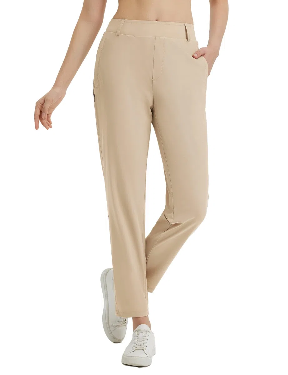 BALEAF Pantalon de golf extensible pour femme avec passants de ceinture et poches à fermeture éclair UPF 50+, kaki, XS
