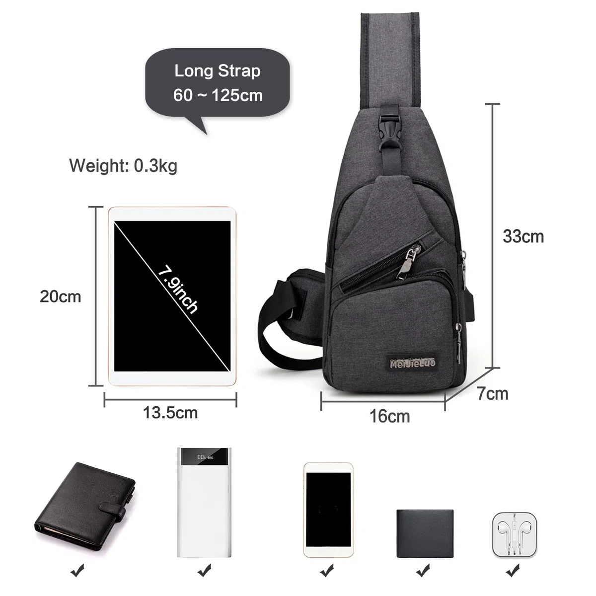 Petit sac à bandoulière pour homme avec port de charge USB, sac de poitrine léger pour randonnée, cyclisme, voyage