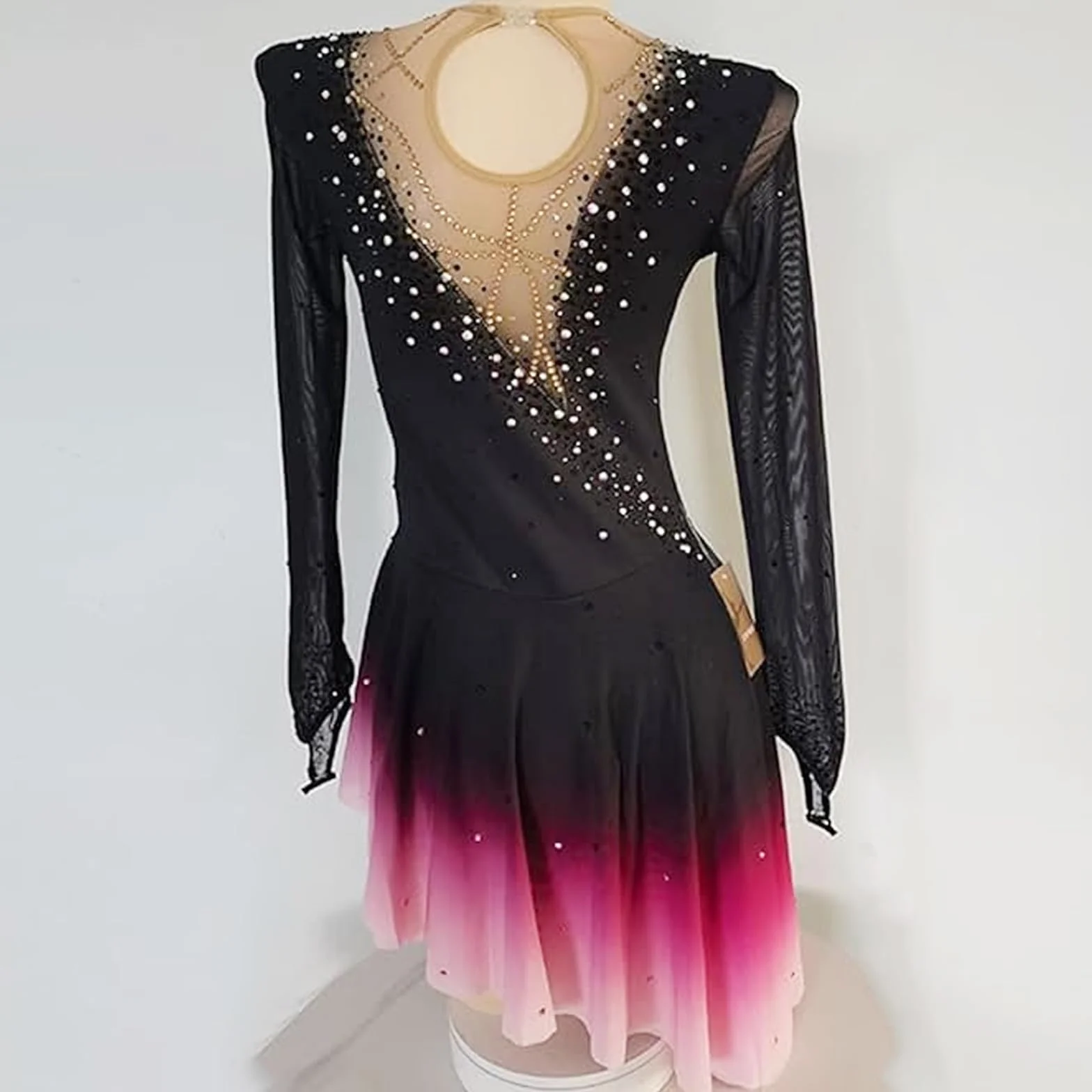 LIUHUO Jupe Noire de Patinage Artistique - Jupe Rose Rouge avec Manches crochetées en Maille dégradée - pour Fille