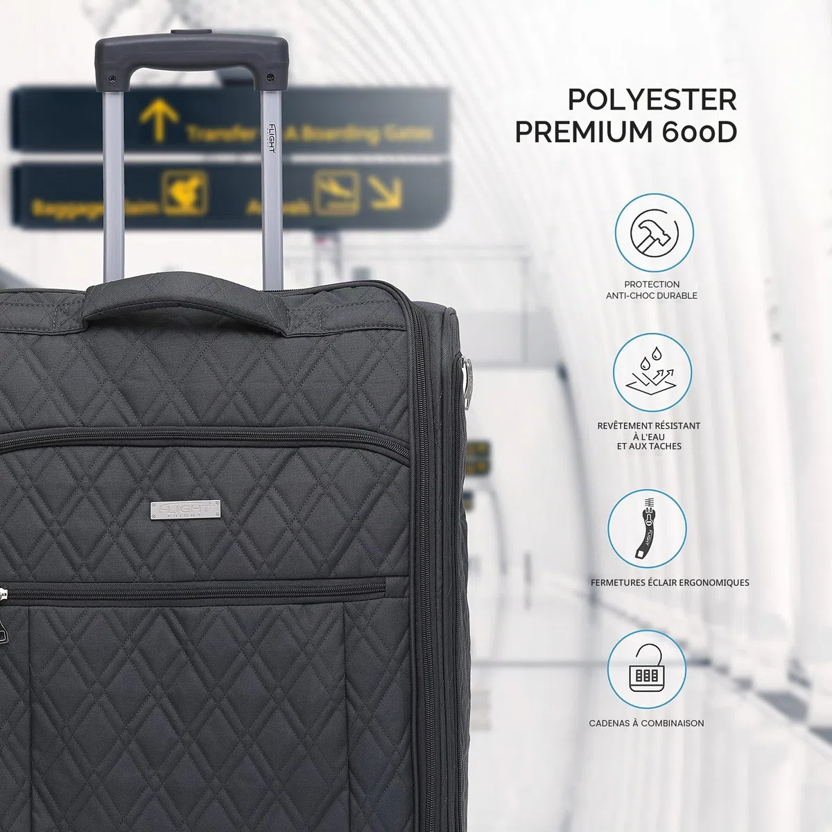 Flight Knight 56 x45x25cm easyJet & Air France Grand Bagage A Main Approuve Et Teste Taille Maximale - 2 Roues - Valise De Cabine en Textile Ultra Legere Et Durable