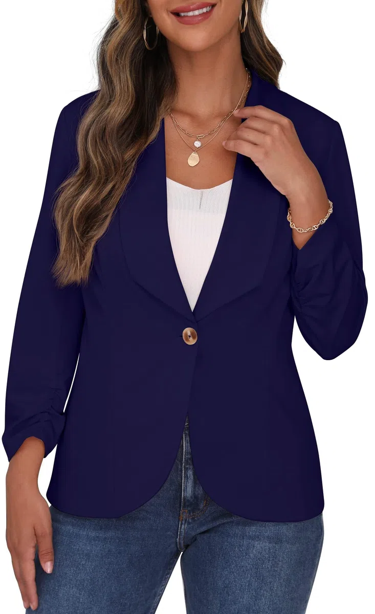 PrinStory Blazer Ouvert sur Le Devant pour Femme - Manches 3/4 froncées - Style décontracté - pour Le Travail et Le Bureau