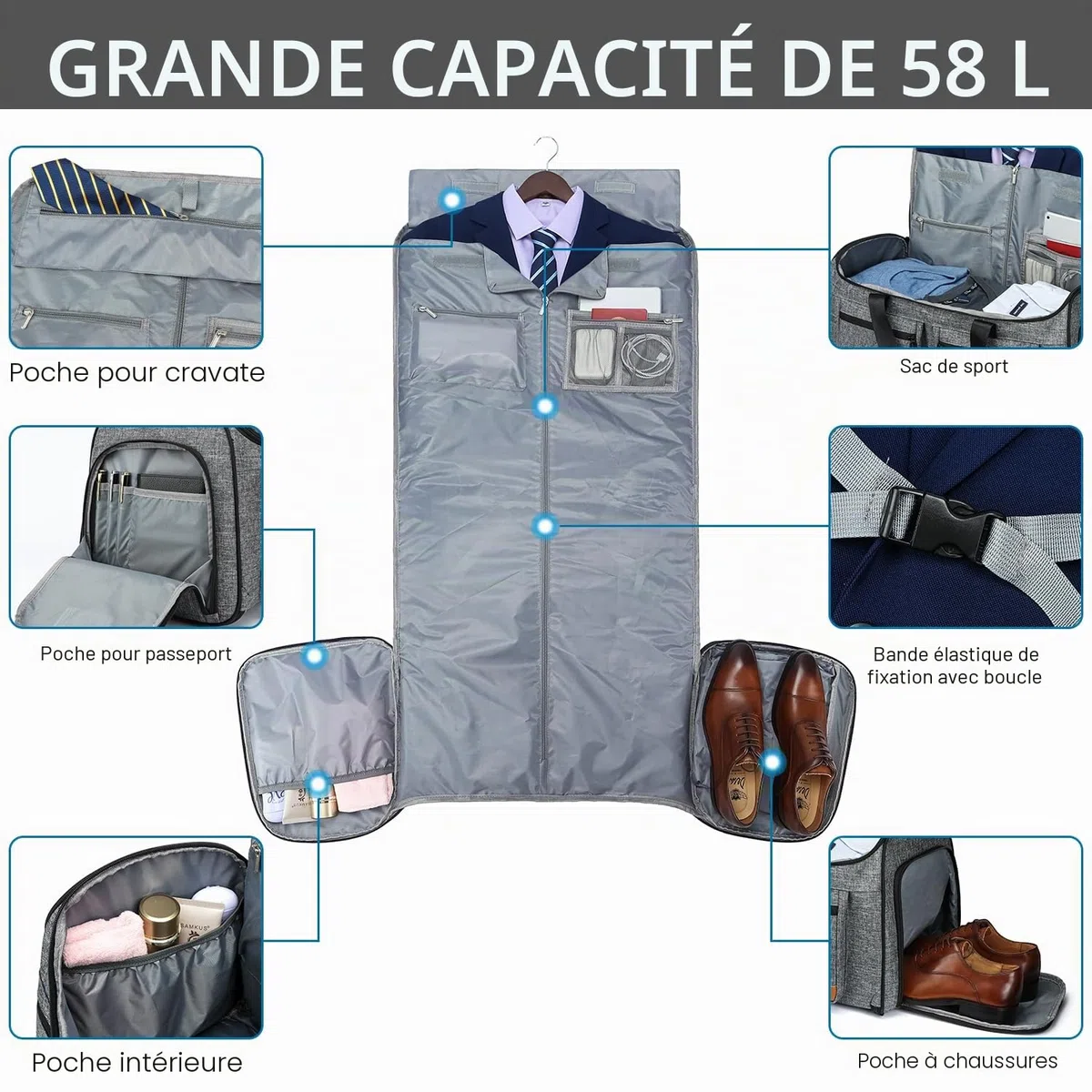 TUGUAN Sac à Vêtements de Voyage Convertible 3 en 1 Housse Costume pour Voyage d'affaires avec Sangles de Sac à Dos et Compartiment pour Chaussures (Gris + Marron)