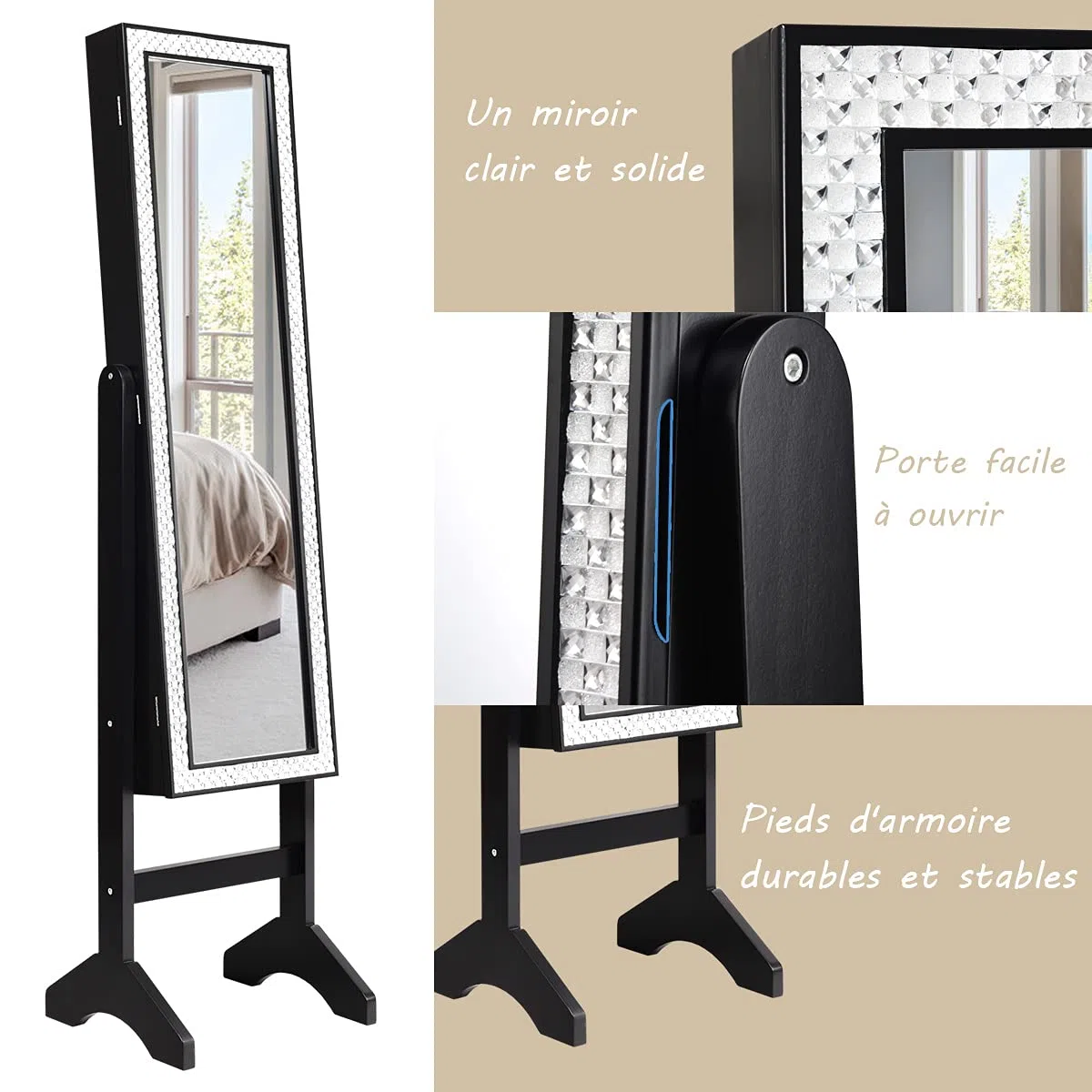 COSTWAY Armoire à Bijoux Verticale avec Miroir Clair Pleine Longueur et Angle Légèrement Réglable, Système de Triage et de Rangement pour Tout Type de Bijoux (Noir)