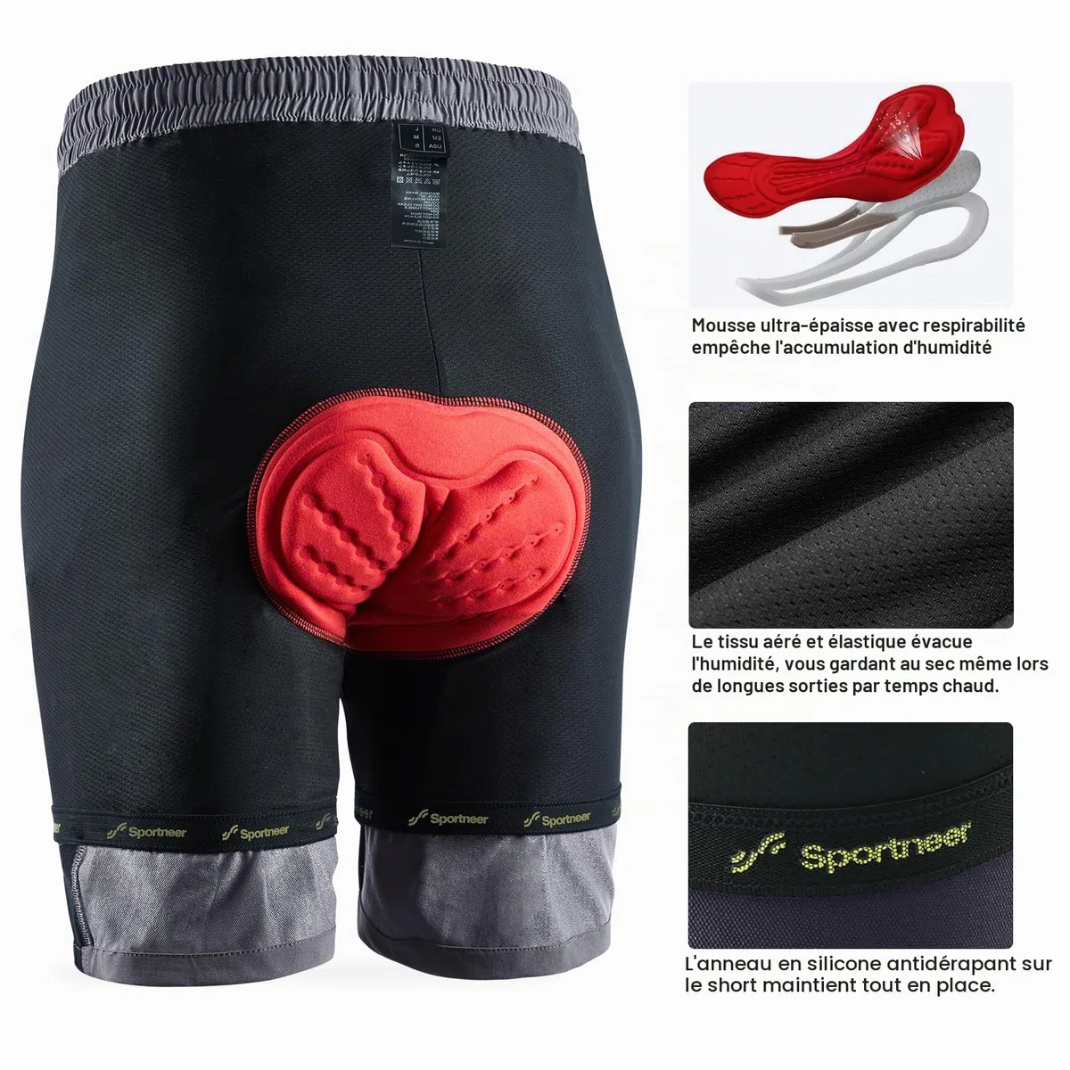 Sportneer Cuissard de Cyclisme rembourré pour Homme - Doublure 3D - pour VTT, Sport, Cyclisme, Plein air