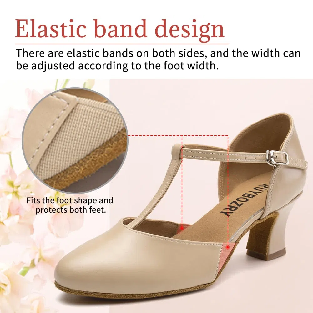 Chaussures de Caractère T-Strap Chaussures de Danse Latine Femme Salsa Bachata avec Talon de 6cm Semelle en Daim