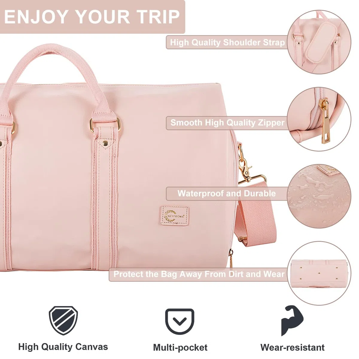 Sac à vêtements convertible en cuir pour femme, sac de voyage avec pochette à chaussures 2 en 1 à suspendre, Rose A1, Seyfocnia