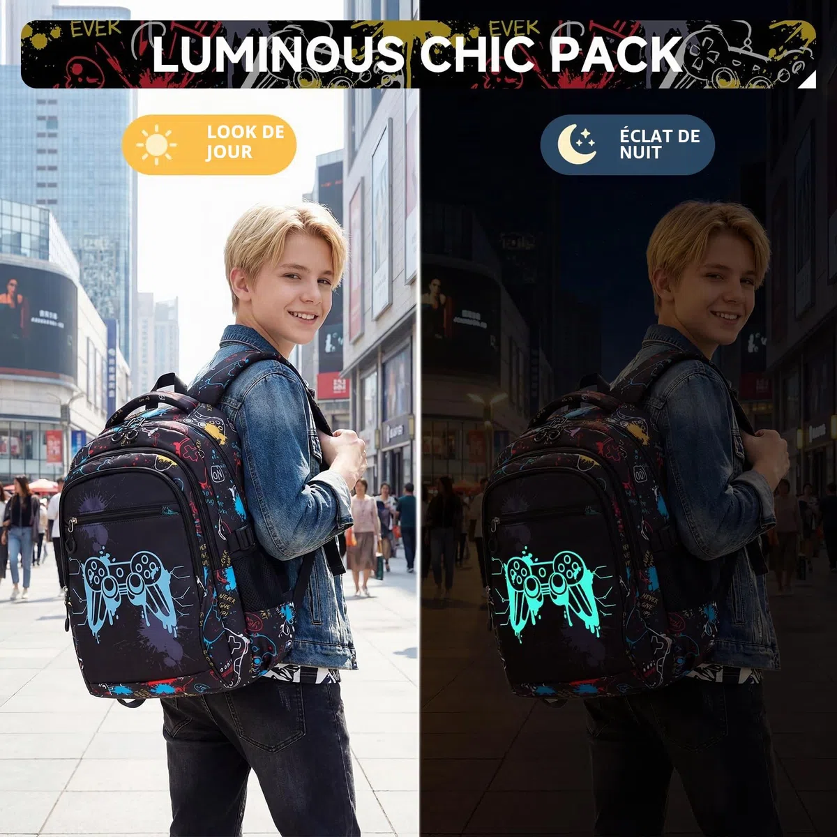 Amythe Cartable Garçon Primaire - Sac à Dos Garçon Collège Lumineux Nocturne avec Compartiment 15.6“ Pc, Ergonomique, Grand Sac D'école Loisirs Imperméable pour Ados 9-16 ans