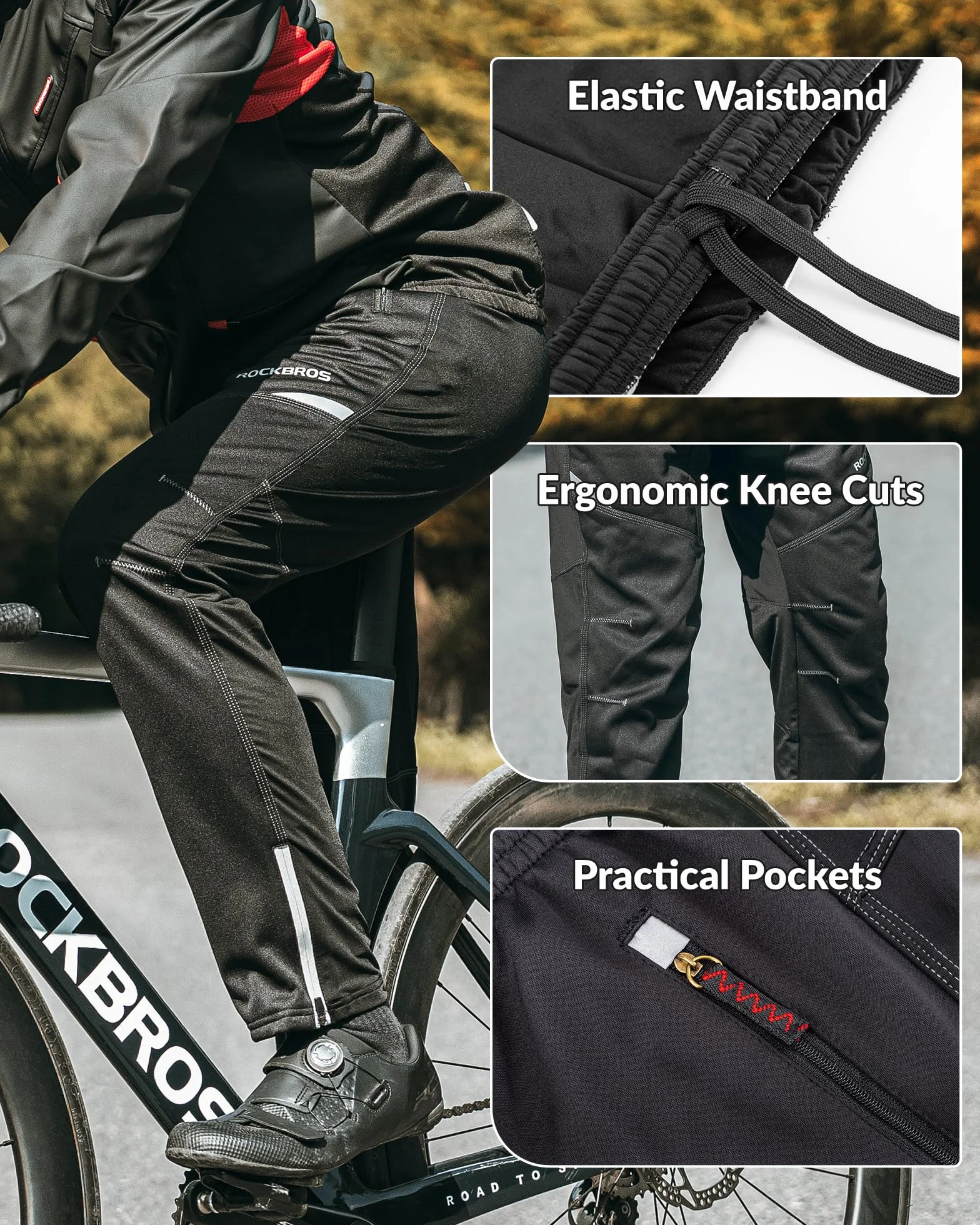 ROCKBROS Cyclisme Pantalon Polaire Vélo VTT Homme pour Sport d'hiver Thermique Coupe-Vent Imperméable Réfléchissants Noir M-4XL
