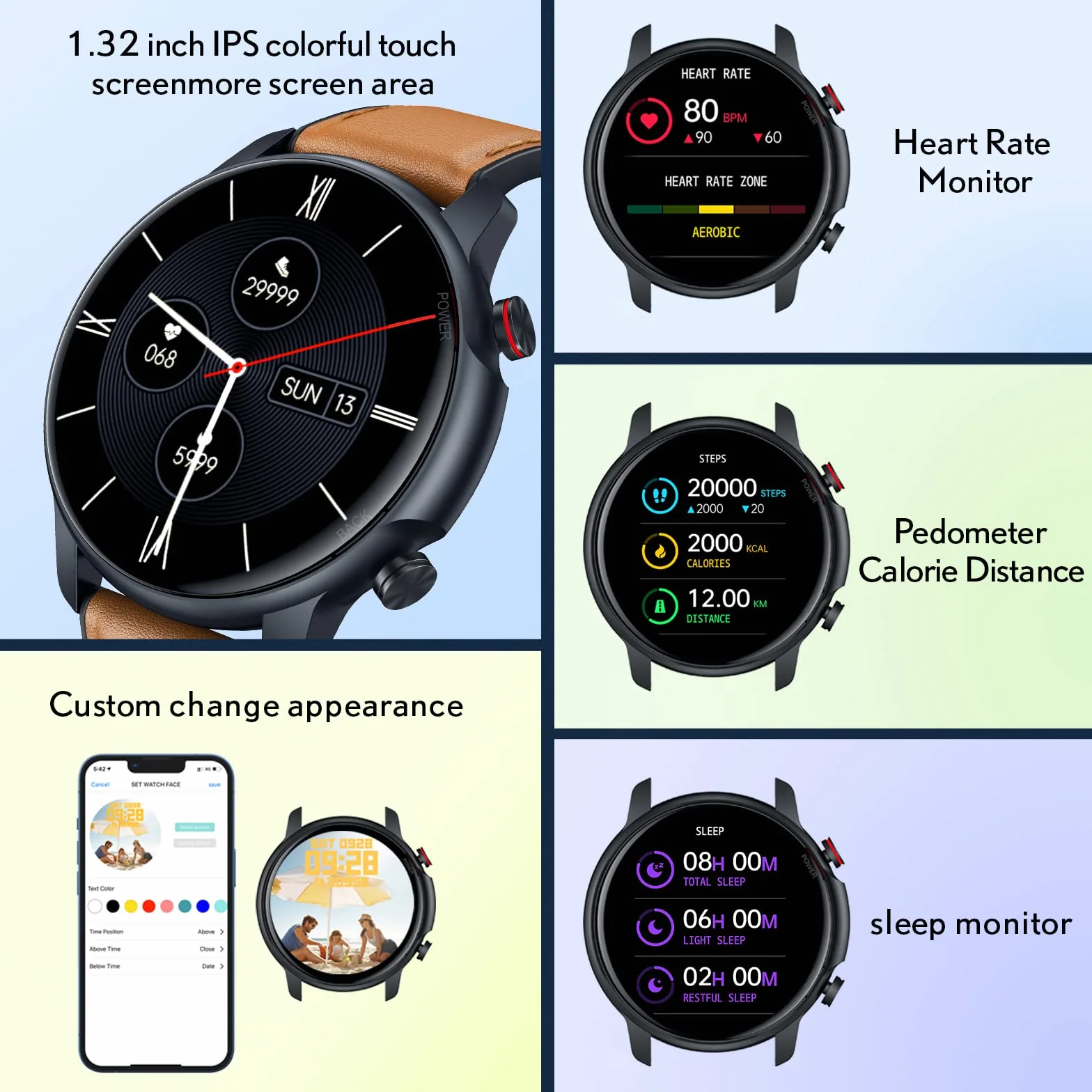 Smartwatch Homme Montre Connectée Sport 1,32 Pouces IP68 Étanche Écran Tactile Bracelet Connectee Moniteur Sommeil Fréquence Cardiaque Podomètre Fitness Tracker Android iOS Ronde Cuir
