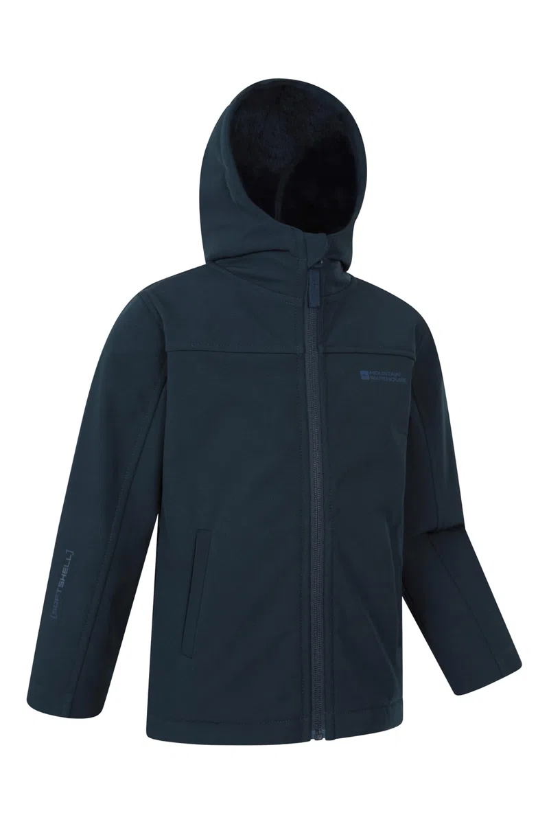 Mountain Warehouse Arctic Kids Veste Softshell doublée de borg, veste de pluie imperméable avec poches et protège-menton, garçons et filles, automne hiver, plein air et randonnée