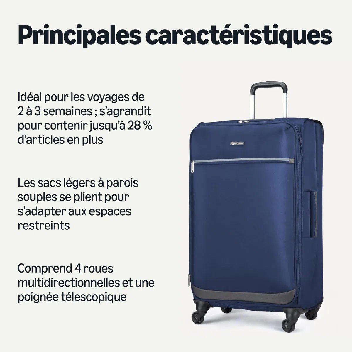 Amazon Basics Grande Valise Souple (76 cm), Avec 4 Roues Pivotantes Multidirectionnelles 360°, Extensible, Poche Zippée et Sangles, Poignée Télescopique, Bleu Marine