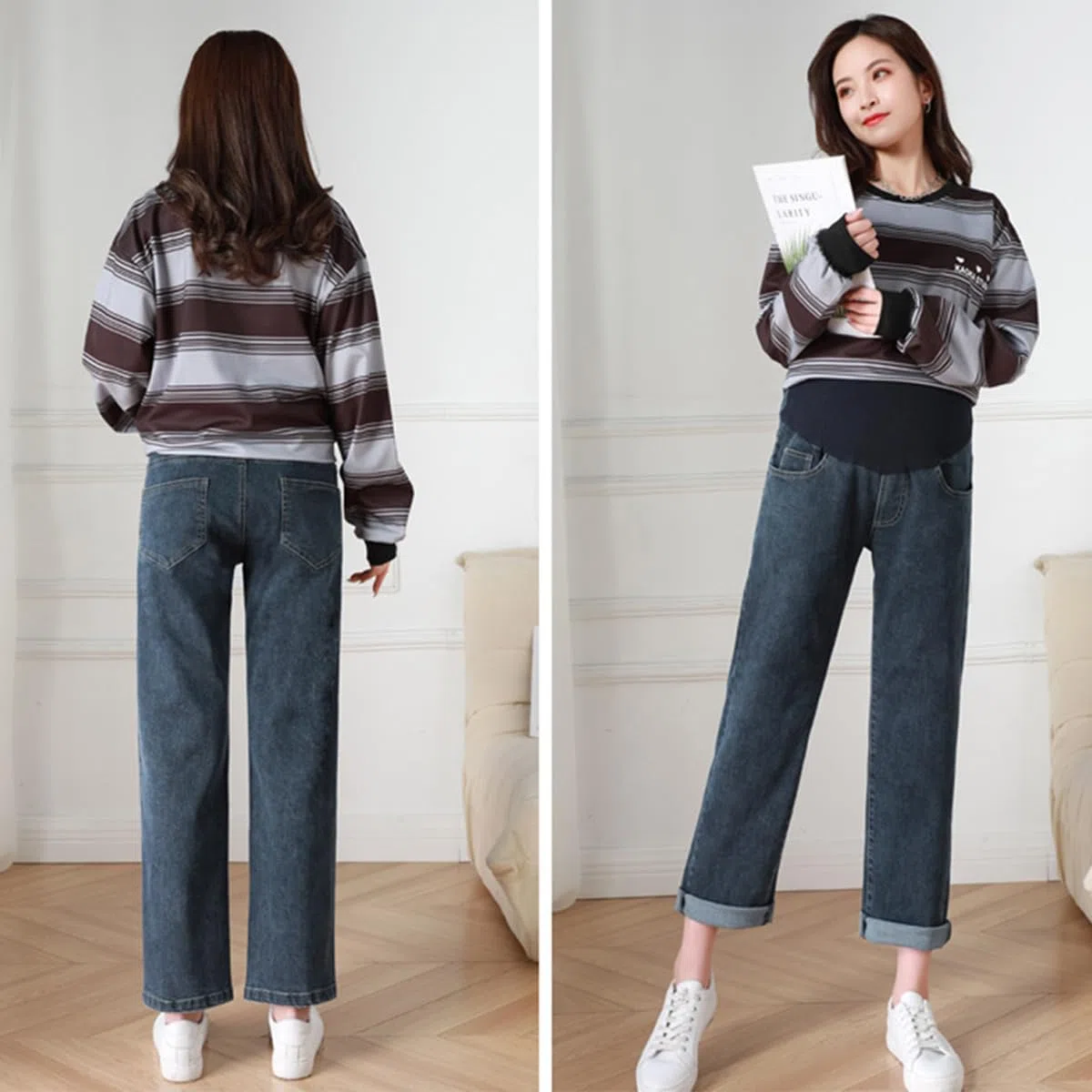 Jeans de Grossesse Femme Jambe Droite Coupe décontractée Jeans de Maternité Pantalon de Grossesse en Denim à Jambes Larges Pantalon Jean avec Poches pour Femmes Enceintes