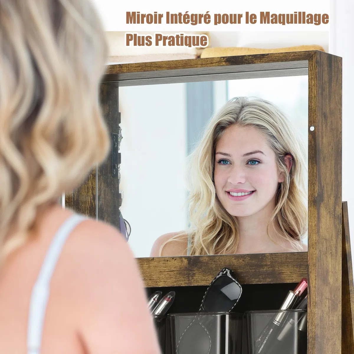 GOPLUS Armoire à Bijoux avec Miroir Plein Longueur, Armoire à Bijoux Pivotante sur Pied avec 3 Étagères de Rangement, Serrure, 3 en 1 Organisateur de Bijoux pour Maquillage, Habillage, Marron