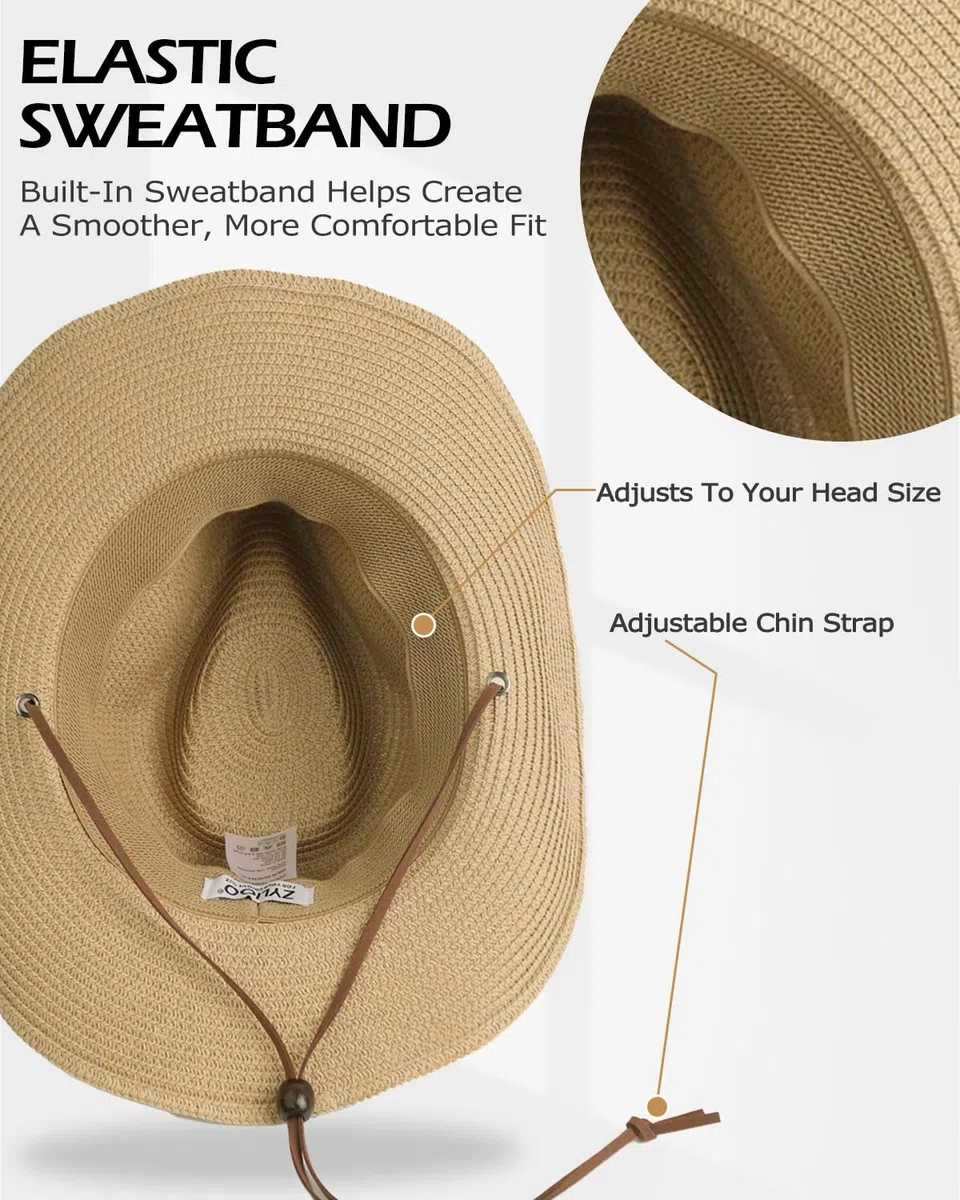 Zylioo Chapeau de cowboy en paille avec mentonnière fixe - Chapeau de soleil western UPF50+ - Chapeau de cowgirl d'été pour la plage et la randonnée