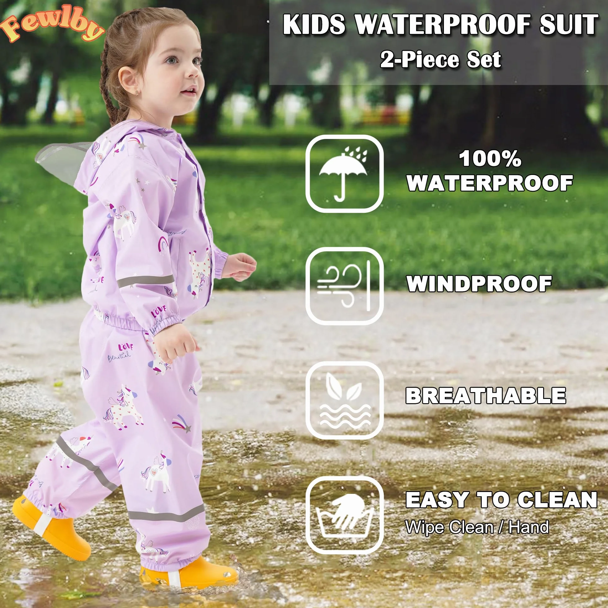 Combinaison Imperméables Enfant, Veste de Pluie + Pantalon Imperméable 2 pièces Ensembles, Filles Manteaux Imperméables Pantalon de Pluie Réutilisables Vêtements de Pluie