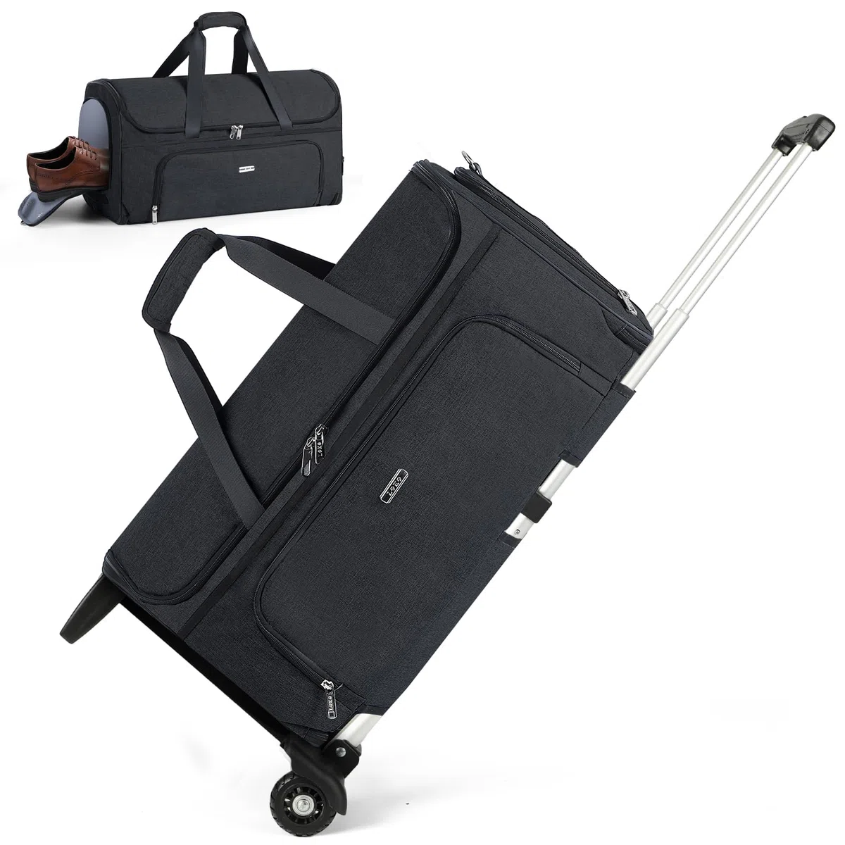 Sac à Vêtements pour Voyage avec roulettes, 3 en 1 Convertible Housses de Costume Homme, Housses de Vêtements avec Compartiment Chaussures, Sac à Bagage à Main de Voyage avec Roues, Noir