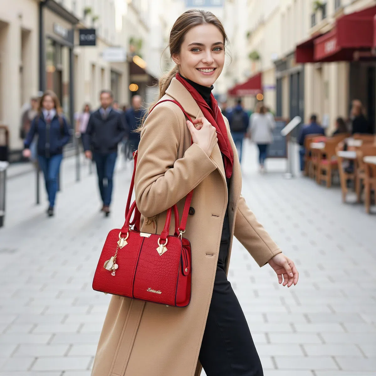 Femme Sac à Main Elégant Top Poignée Sacs à Bandoulière avec Exquis Pendentif PU Cuir Dames Sac Fourre Tout pour Travail Achats Rouge A
