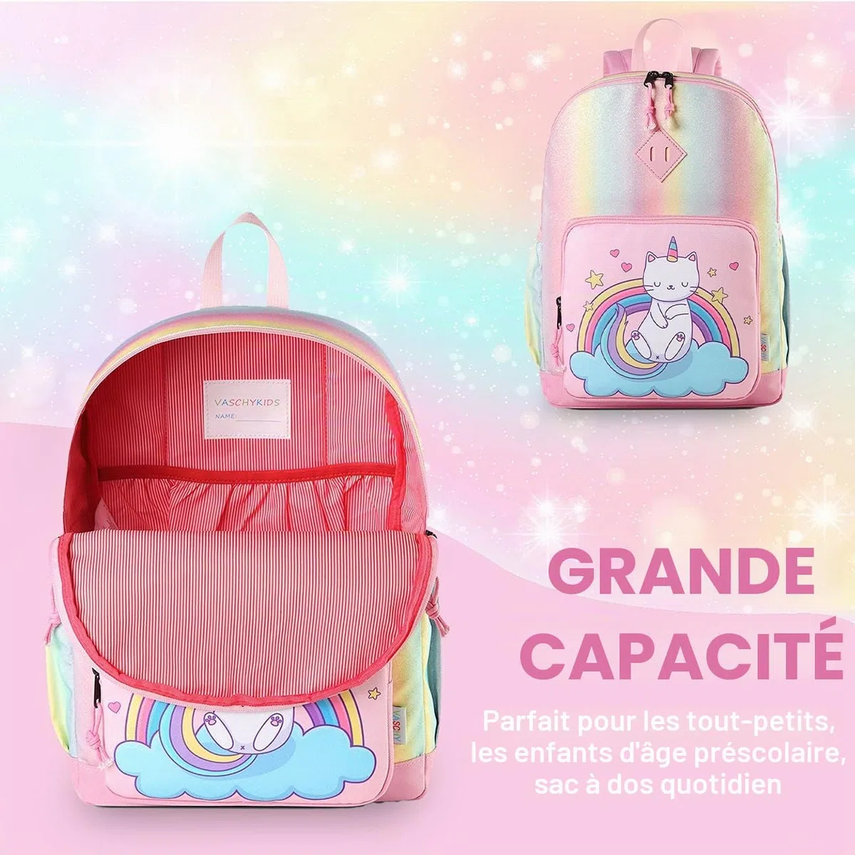 Sac à Dos Enfant, VASCHY Cartable Filles Primaire 4-6 Ans Léger Brillant Imperméable Sac a Dos Licorne Mignon pour A4 Dossier Maternelle École avec Sangle de Poitrine