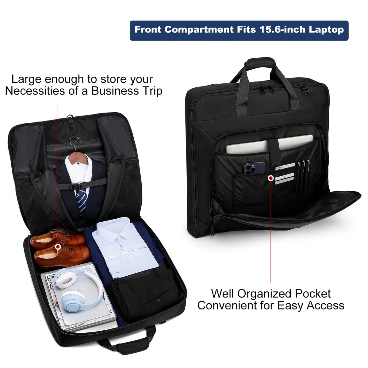 Housse à Vêtements de 3 Costume Housse Voyage Costume Homme pour Les Voyages d'affaires Sac à Bagage à Main Valise Housse Vêtement Voyage Sac Pliable pour Ordinateur Portable de 15,6 Pouces, Noir