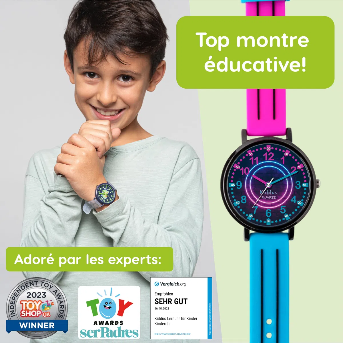 Kiddus Montre Éducative pour Enfants, Montre Bracelet Analogique pour Garçon et Fille à partir de 5 Ans, Waterproof 5ATM, Première Cadeau Apprentissage pour Enfant