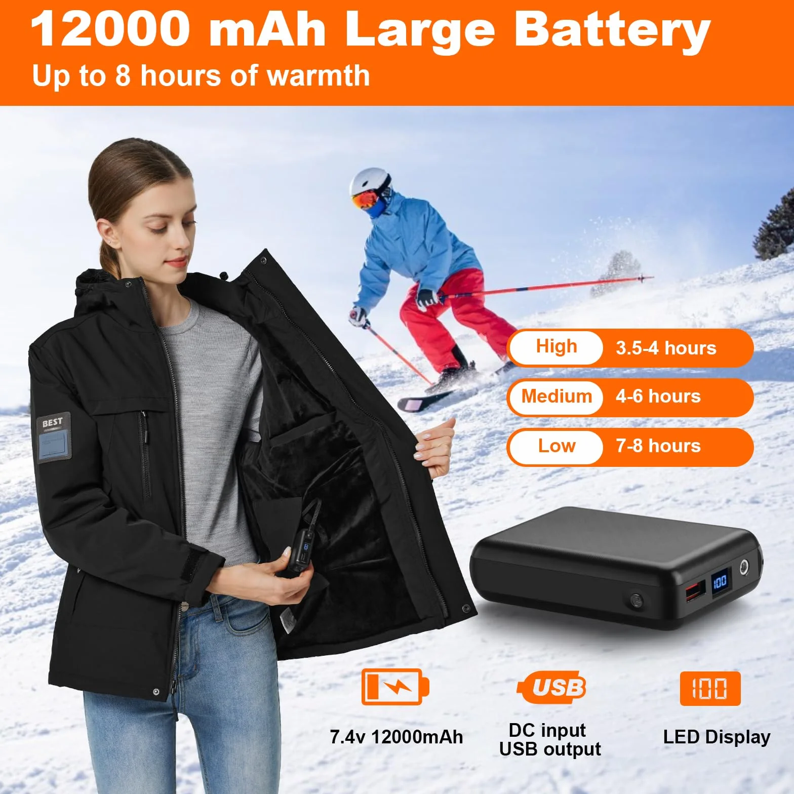 Veste Chauffante Femme avec Batterie 12000mAh, Électrique Vestes de Ski en Polaire Imperméable & Coupe-vent avec 6 Zones de Chaleur, Manteau Chauffant Capuche pour Extérieur Hiver