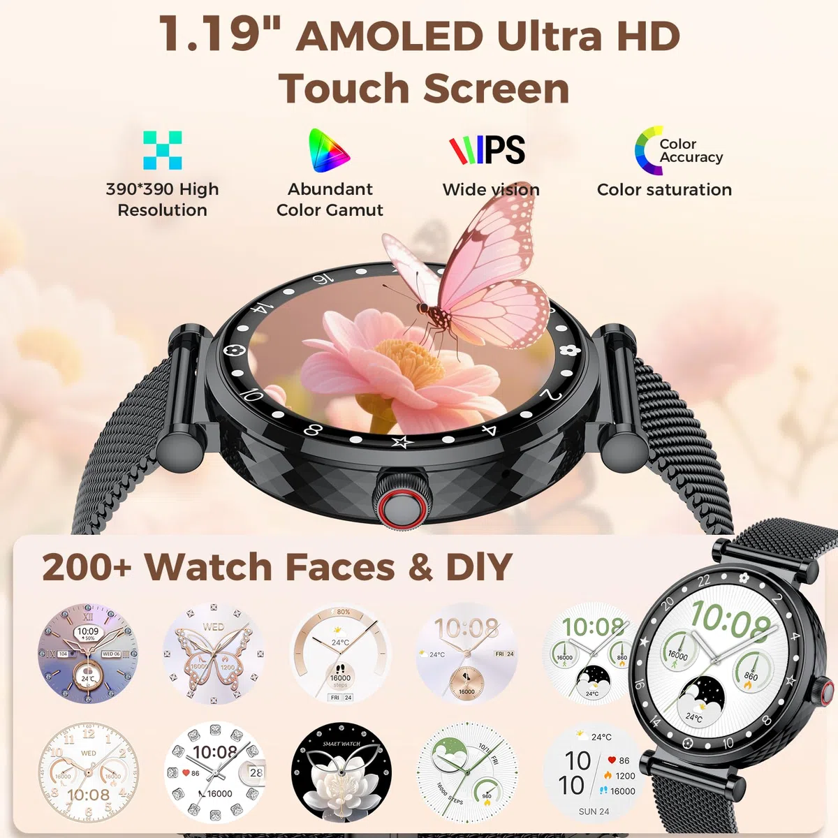 Montre Connectée Femme avec Appel Bluetooth,2025 Neu AMOLED Ultra-fin 1.19" Smartwatch Santé Au Féminin/Cycle Menstruel/SpO2/Suivi du Sommeil/110+ Modes Sportif Podometre,IP68 Étanche pour Android iOS