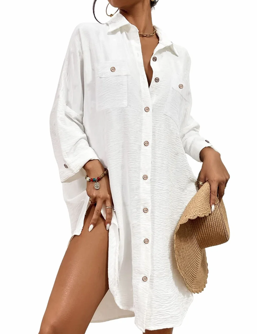 Bsubseach Sommer Strandkeid für Frauen Button Down Strand Shirt Kleid Badeanzug Cover Up V-Ausschnitt Strandponcho Bademode Resort Wear