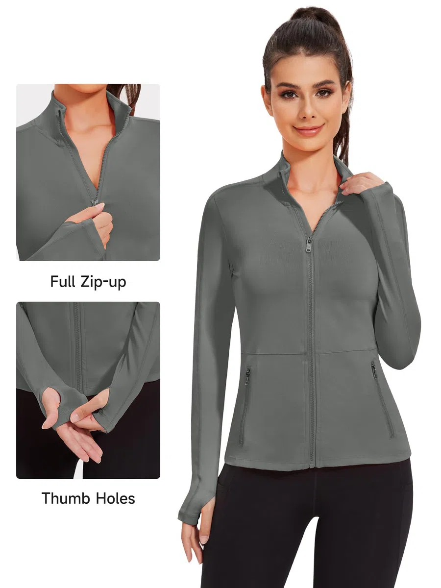 VUTRU Veste de course à pied pour femme - Veste de sport - Manches longues - Veste respirante avec poches - Trous pour les pouces avec fermeture éclair
