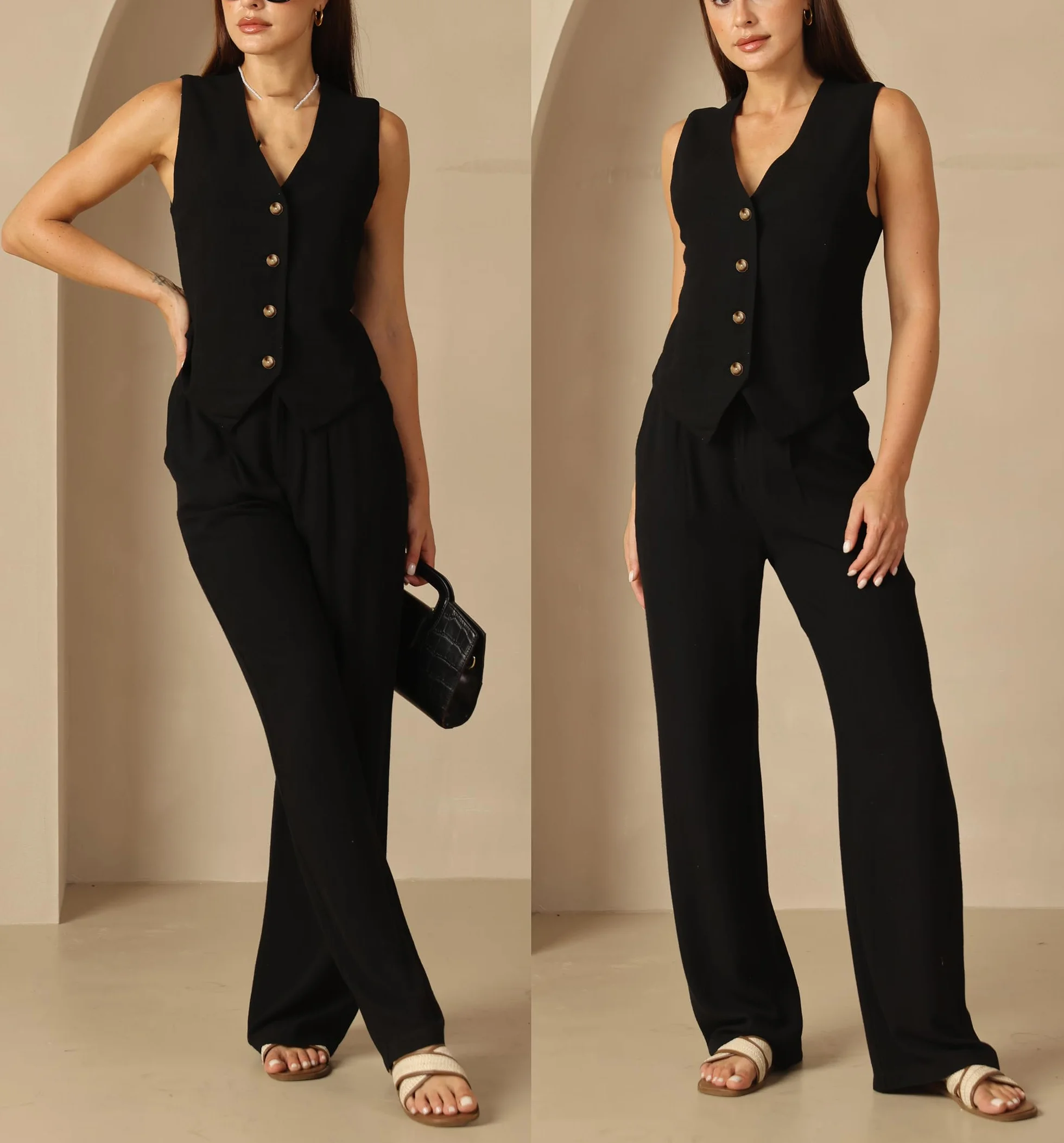 Fakanhui Ensemble 2 pièces en lin pour femme - Gilet d'été - Jambes larges - Pantalon d'affaires, loisirs, vacances, ensembles de travail