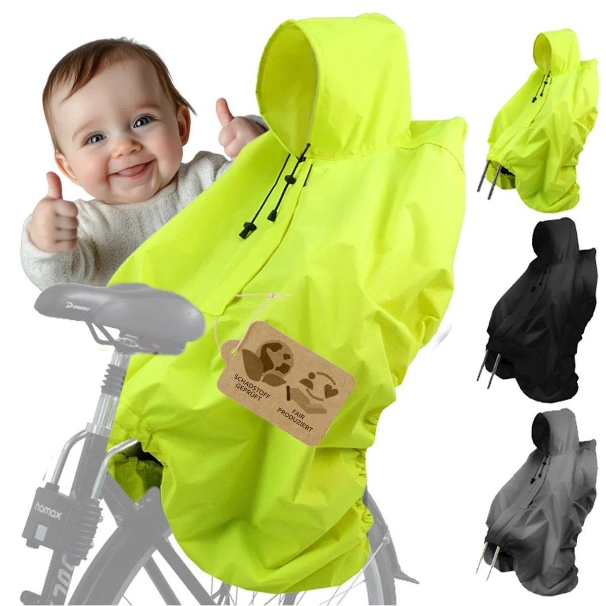 BambiniWelt by Rafael K. Cape de pluie [Poncho de pluie pour siège de vélo enfant] Siège de vélo Bandes réfléchissantes Protection contre la pluie universelle compatible avec Römer