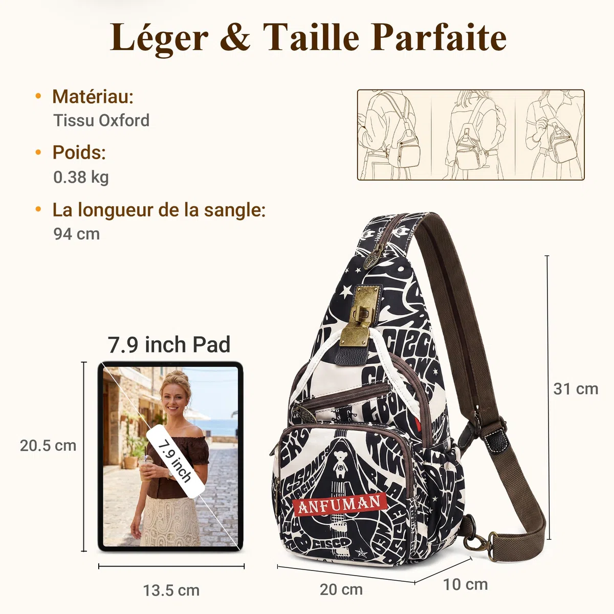 Mode Sac à Dos Femmes Décontracté Anti-vol Sac De Poitrine Rétro Messager Sacs À Bandoulière Voyage Travail Achats Fête Sling Sac D'épaule Nylon Sport Imprimé Sacs à Dos Noir B