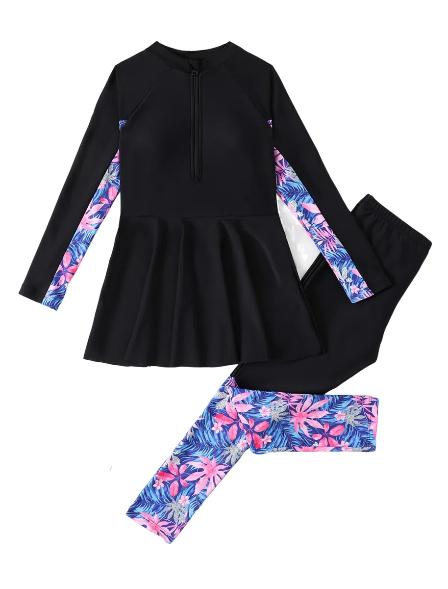 IMEKIS Muslim Swimwear for Girls Islamic Burkini Long Sleeve Rash Guard Swimming Top with Swim Pants 2pcs Tankinis Swimsuit Kids Modest Bathing Suit