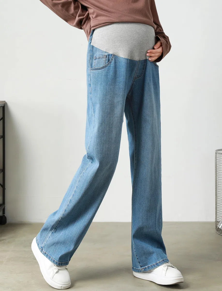 FEOYA Femmes Jean de Maternité Dames Pantalons de Sol Haute Taille Grossesse Pantalon Vêtements Jambe Large Pantalon Printemps Automne M-5XL