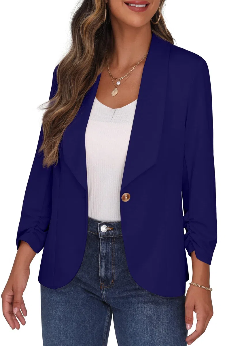 PrinStory Blazer Ouvert sur Le Devant pour Femme - Manches 3/4 froncées - Style décontracté - pour Le Travail et Le Bureau